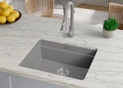 PRIMAGRAN Evier Sous Plan Gris 56x47cm, Evier en Granit 1 bac + Kit de Vidage + Accessoires, Évier au meuble 60cm - Prague