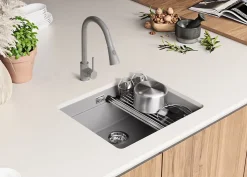 PRIMAGRAN Evier Sous Plan Gris 56x47cm, Evier en Granit 1 bac + Kit de Vidage + Accessoires, Évier au meuble 60cm - Prague