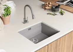 PRIMAGRAN Evier Sous Plan Gris 56x47cm, Evier en Granit 1 bac + Kit de Vidage + Accessoires, Évier au meuble 60cm - Prague