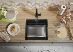 PRIMAGRAN Evier Sous Plan Graphite 46x44cm, Evier en Granit 1 bac + Kit de Vidage, Évier au meuble 50cm - Venise Easy