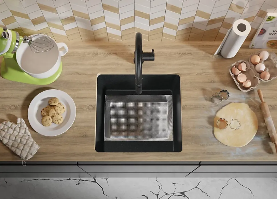 PRIMAGRAN Evier Sous Plan Graphite 46x44cm, Evier en Granit 1 bac + Kit de Vidage, Évier au meuble 50cm - Venise Easy