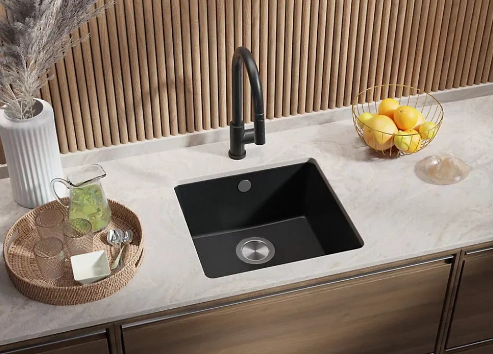 PRIMAGRAN Evier Sous Plan Graphite 46x44cm, Evier en Granit 1 bac + Kit de Vidage, Évier au meuble 50cm - Venise Easy