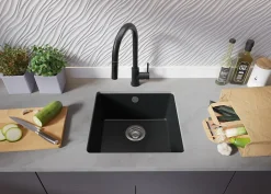 PRIMAGRAN Evier Sous Plan Graphite 46x44cm, Evier en Granit 1 bac + Kit de Vidage, Évier au meuble 50cm - Venise Easy