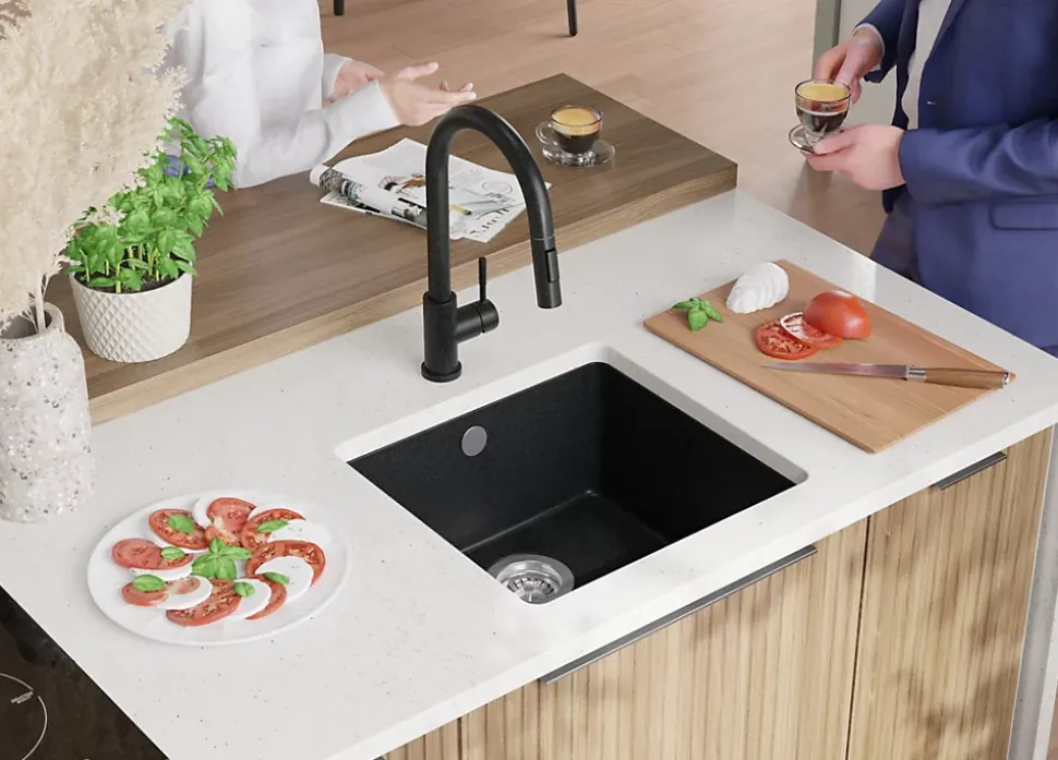 PRIMAGRAN Evier Sous Plan Graphite 46x44cm, Evier en Granit 1 bac + Kit de Vidage, Évier au meuble 50cm - Venise Easy