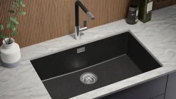 PRIMAGRAN Evier Sous Plan Graphite 76x47cm, Evier en Granit 1 bac + Kit de Vidage, Évier au meuble 80cm - London