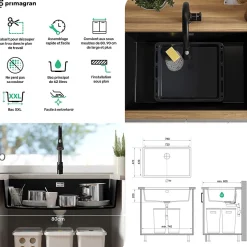PRIMAGRAN Evier Sous Plan Graphite 76x47cm, Evier en Granit 1 bac + Kit de Vidage, Évier au meuble 80cm - London