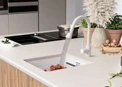 PRIMAGRAN Evier Sous Plan Blanc 41x47cm, Evier en Granit 1 bac + Kit de Vidage + Accessoires, Évier au meuble 45cm - Prague