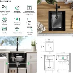 PRIMAGRAN Evier Sous Plan Blanc 41x47cm, Evier en Granit 1 bac + Kit de Vidage + Accessoires, Évier au meuble 45cm - Prague