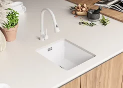 PRIMAGRAN Evier Sous Plan Blanc 41x47cm, Evier en Granit 1 bac + Kit de Vidage + Accessoires, Évier au meuble 45cm - Prague