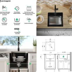 PRIMAGRAN Evier Sous Plan Noir 46x44cm, Evier en Granit 1 bac + Kit de Vidage, Évier au meuble 50cm - Venise Easy