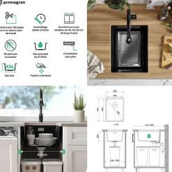 PRIMAGRAN Evier Sous Plan Tout Noir 36x47cm, Evier en Granit 1 bac + Kit de Vidage, Évier au meuble 40cm - London