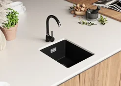 PRIMAGRAN Evier Sous Plan Tout Noir 36x47cm, Evier en Granit 1 bac + Kit de Vidage, Évier au meuble 40cm - London