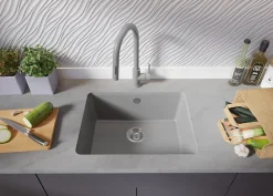 PRIMAGRAN Evier Sous Plan Gris 56x44cm, Evier en Granit 1 bac + Kit de Vidage, Évier au meuble 60cm - Venise Easy