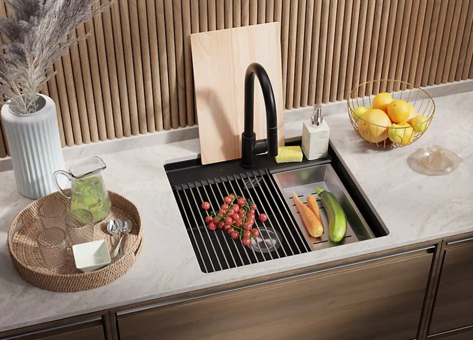 PRIMAGRAN Evier Sous Plan Noir Métallisé 56x53cm, Evier en Granit 1 bac + Kit de Vidage + Accessoires, Évier au meuble 60cm