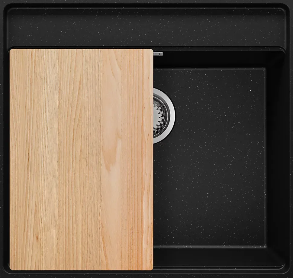 PRIMAGRAN Evier Sous Plan Noir Métallisé 56x53cm, Evier en Granit 1 bac + Kit de Vidage + Accessoires, Évier au meuble 60cm