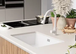 PRIMAGRAN Evier Sous Plan Blanc 66x47cm, Evier en Granit 1 bac + Kit de Vidage, Évier au meuble 70cm - London