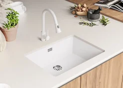 PRIMAGRAN Evier Sous Plan Blanc 66x47cm, Evier en Granit 1 bac + Kit de Vidage, Évier au meuble 70cm - London