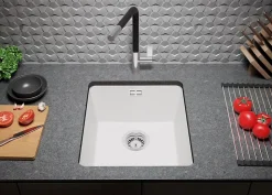 PRIMAGRAN Evier Sous Plan Blanc 41x47cm, Evier en Granit 1 bac + Kit de Vidage, Évier au meuble 45cm - London