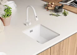 PRIMAGRAN Evier Sous Plan Blanc 41x47cm, Evier en Granit 1 bac + Kit de Vidage, Évier au meuble 45cm - London