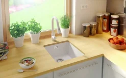 PRIMAGRAN Evier Sous Plan Blanc 41x47cm, Evier en Granit 1 bac + Kit de Vidage, Évier au meuble 45cm - London