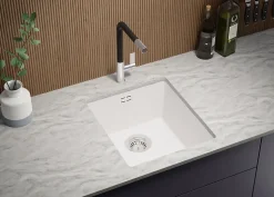 PRIMAGRAN Evier Sous Plan Blanc 41x47cm, Evier en Granit 1 bac + Kit de Vidage, Évier au meuble 45cm - London