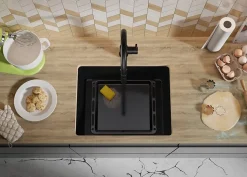 PRIMAGRAN Evier Sous Plan Noir 56x44cm, Evier en Granit 1 bac + Kit de Vidage, Évier au meuble 60cm - Venise Easy