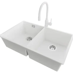 PRIMAGRAN Evier Sous Plan Blanc 76x47cm, Evier en Granit 2 bacs + Kit de Vidage + Accessoires, Évier au meuble 80cm - London Twin