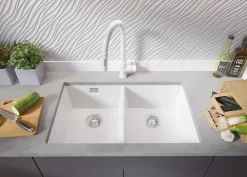 PRIMAGRAN Evier Sous Plan Blanc 76x47cm, Evier en Granit 2 bacs + Kit de Vidage + Accessoires, Évier au meuble 80cm - London Twin