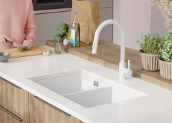 PRIMAGRAN Evier Sous Plan Blanc 76x47cm, Evier en Granit 2 bacs + Kit de Vidage + Accessoires, Évier au meuble 80cm - London Twin