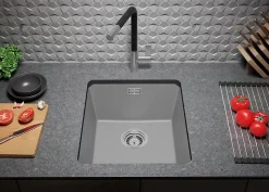 PRIMAGRAN Evier Sous Plan Gris 41x47cm, Evier en Granit 1 bac + Kit de Vidage, Évier au meuble 45cm - London