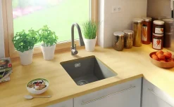 PRIMAGRAN Evier Sous Plan Gris 41x47cm, Evier en Granit 1 bac + Kit de Vidage, Évier au meuble 45cm - London