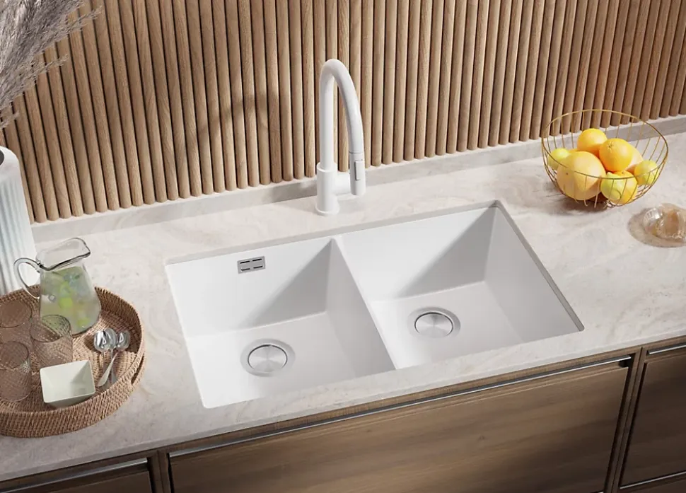 PRIMAGRAN Evier Sous Plan Blanc 76x47cm, Evier en Granit 2 bacs + Kit de Vidage, Évier au meuble 80cm - London Twin