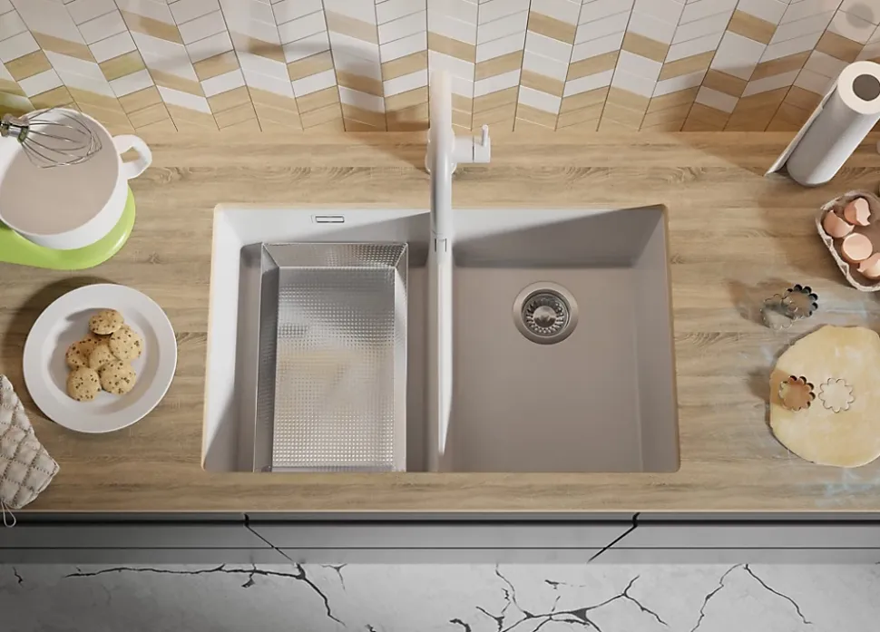 PRIMAGRAN Evier Sous Plan Blanc 76x47cm, Evier en Granit 2 bacs + Kit de Vidage, Évier au meuble 80cm - London Twin