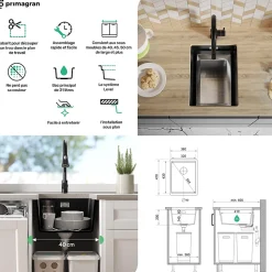 PRIMAGRAN Evier Sous Plan Blanc 36x47cm, Evier en Granit 1 bac + Kit de Vidage + Accessoires, Évier au meuble 40cm - Prague