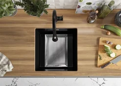 PRIMAGRAN Evier Sous Plan Tout Noir 46x47cm, Evier en Granit 1 bac + Kit de Vidage, Évier au meuble 50cm - London