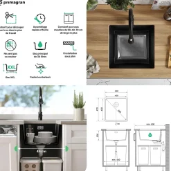 PRIMAGRAN Evier Sous Plan Tout Noir 46x47cm, Evier en Granit 1 bac + Kit de Vidage, Évier au meuble 50cm - London