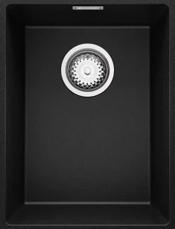 PRIMAGRAN Evier Sous Plan Noir 36x47cm, Evier en Granit 1 bac + Kit de Vidage, Évier au meuble 40cm - London