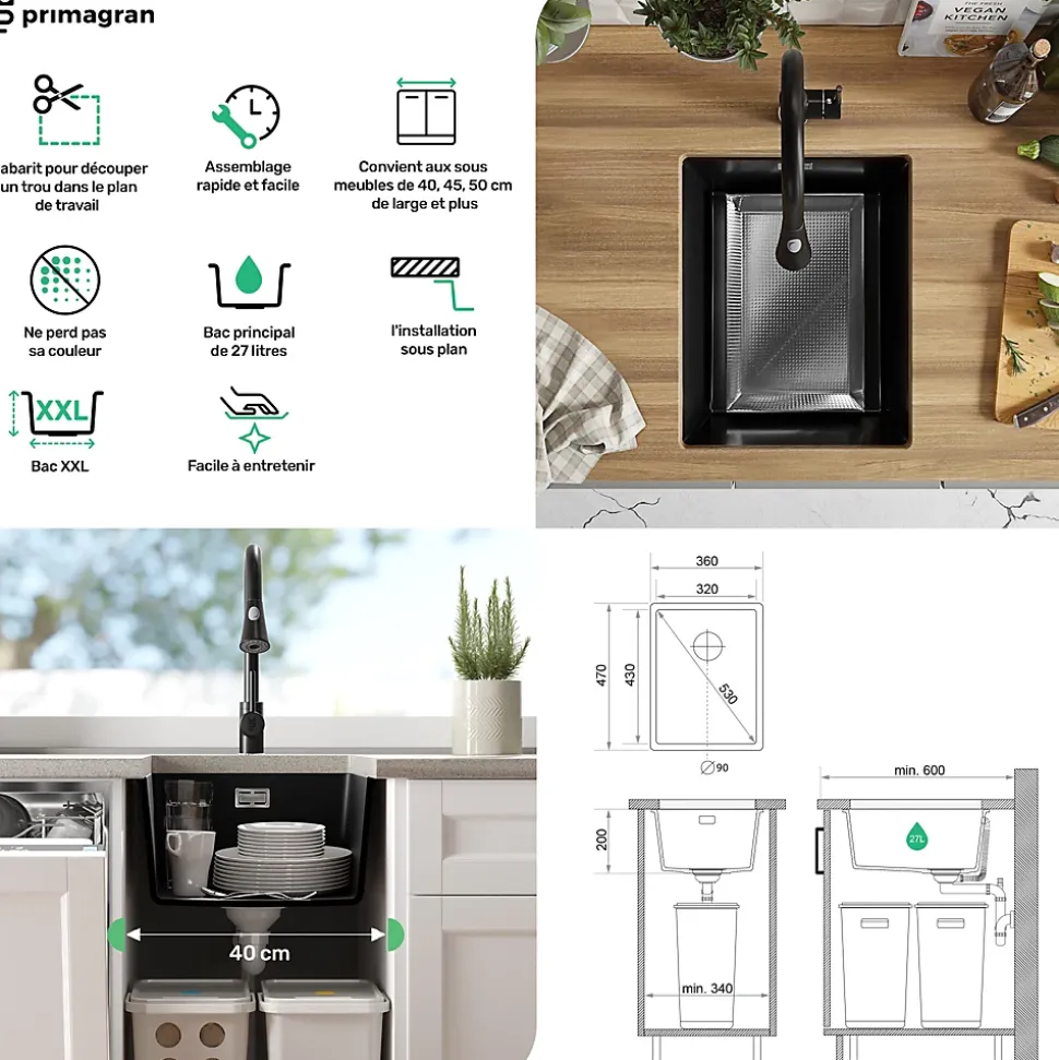 PRIMAGRAN Evier Sous Plan Noir 36x47cm, Evier en Granit 1 bac + Kit de Vidage, Évier au meuble 40cm - London