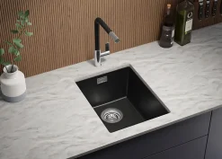 PRIMAGRAN Evier Sous Plan Noir 36x47cm, Evier en Granit 1 bac + Kit de Vidage, Évier au meuble 40cm - London