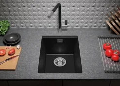 PRIMAGRAN Evier Sous Plan Noir 36x47cm, Evier en Granit 1 bac + Kit de Vidage, Évier au meuble 40cm - London