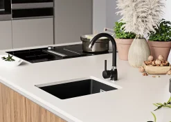 PRIMAGRAN Evier Sous Plan Noir 36x47cm, Evier en Granit 1 bac + Kit de Vidage, Évier au meuble 40cm - London