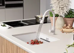 PRIMAGRAN Evier Sous Plan Blanc 56x47cm, Evier en Granit 1 bac + Kit de Vidage + Accessoires, Évier au meuble 60cm - Prague