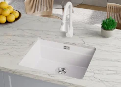 PRIMAGRAN Evier Sous Plan Blanc 56x47cm, Evier en Granit 1 bac + Kit de Vidage + Accessoires, Évier au meuble 60cm - Prague