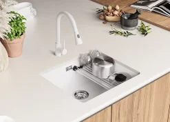 PRIMAGRAN Evier Sous Plan Blanc 56x47cm, Evier en Granit 1 bac + Kit de Vidage + Accessoires, Évier au meuble 60cm - Prague