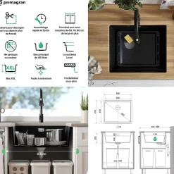 PRIMAGRAN Evier Sous Plan Blanc 56x47cm, Evier en Granit 1 bac + Kit de Vidage + Accessoires, Évier au meuble 60cm - Prague