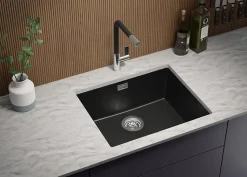 PRIMAGRAN Evier Sous Plan Tout Noir 56x47cm, Evier en Granit 1 bac + Kit de Vidage, Évier au meuble 60cm - London