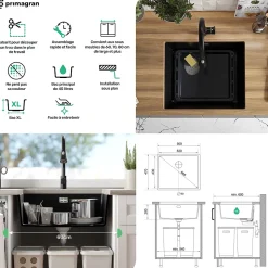 PRIMAGRAN Evier Sous Plan Tout Noir 56x47cm, Evier en Granit 1 bac + Kit de Vidage, Évier au meuble 60cm - London