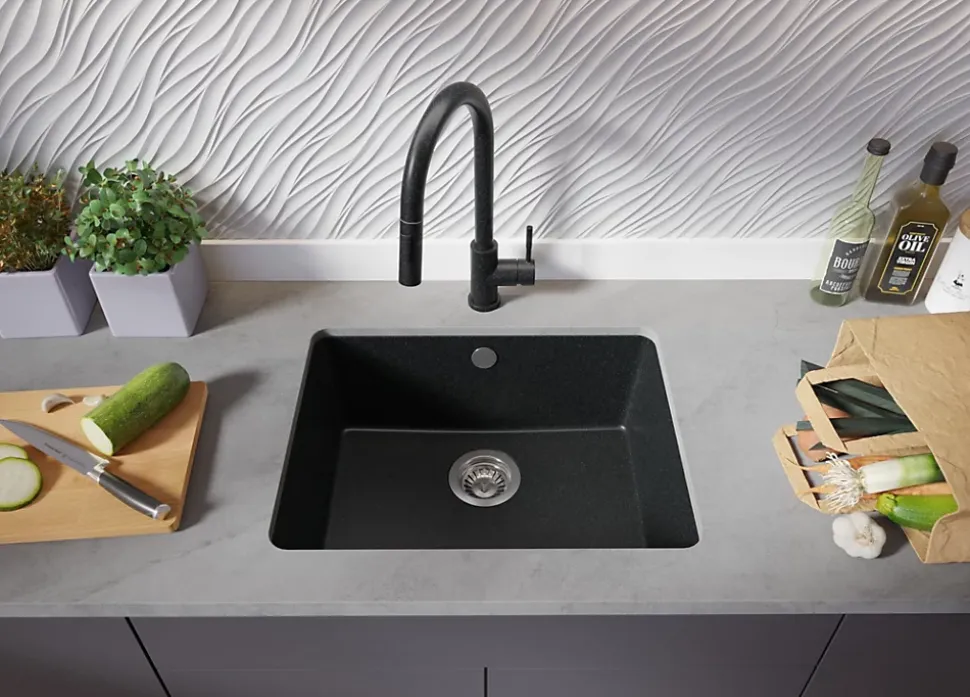 PRIMAGRAN Evier Sous Plan Graphite 56x44cm, Evier en Granit 1 bac + Kit de Vidage, Évier au meuble 60cm - Venise Easy