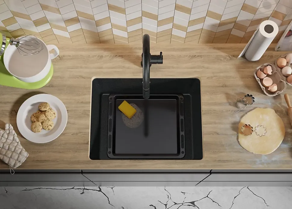 PRIMAGRAN Evier Sous Plan Graphite 56x44cm, Evier en Granit 1 bac + Kit de Vidage, Évier au meuble 60cm - Venise Easy