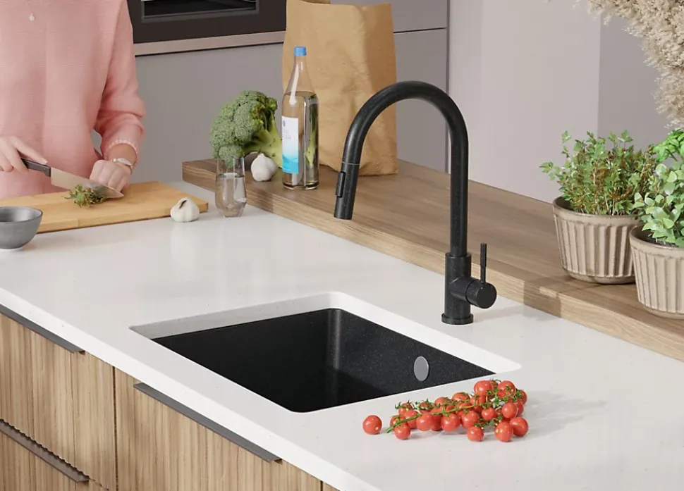 PRIMAGRAN Evier Sous Plan Graphite 56x44cm, Evier en Granit 1 bac + Kit de Vidage, Évier au meuble 60cm - Venise Easy